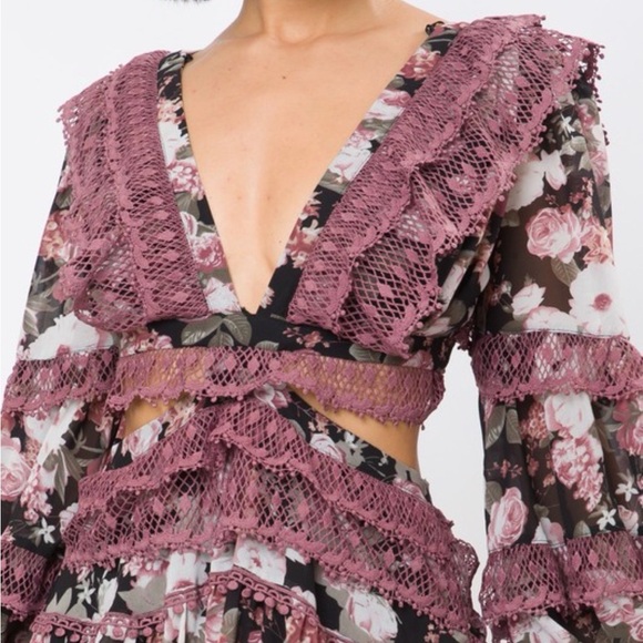 877. Floral Long Sleeve Lace Ruffle Mini Dress With Criss-Cross Back - Picture 3 of 4